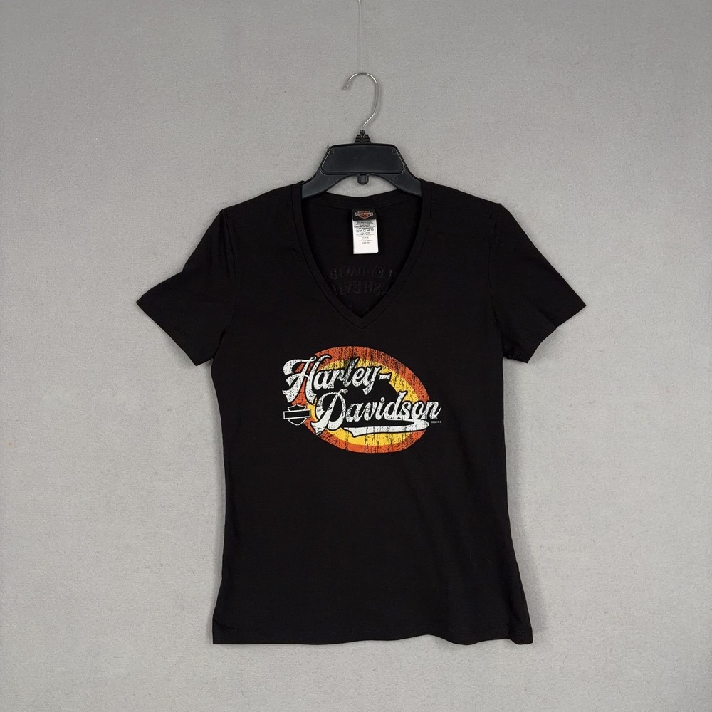 Harley-Davidson Shirt Womens Medium Black V Neck Asheville NC Graphic Tee Biker